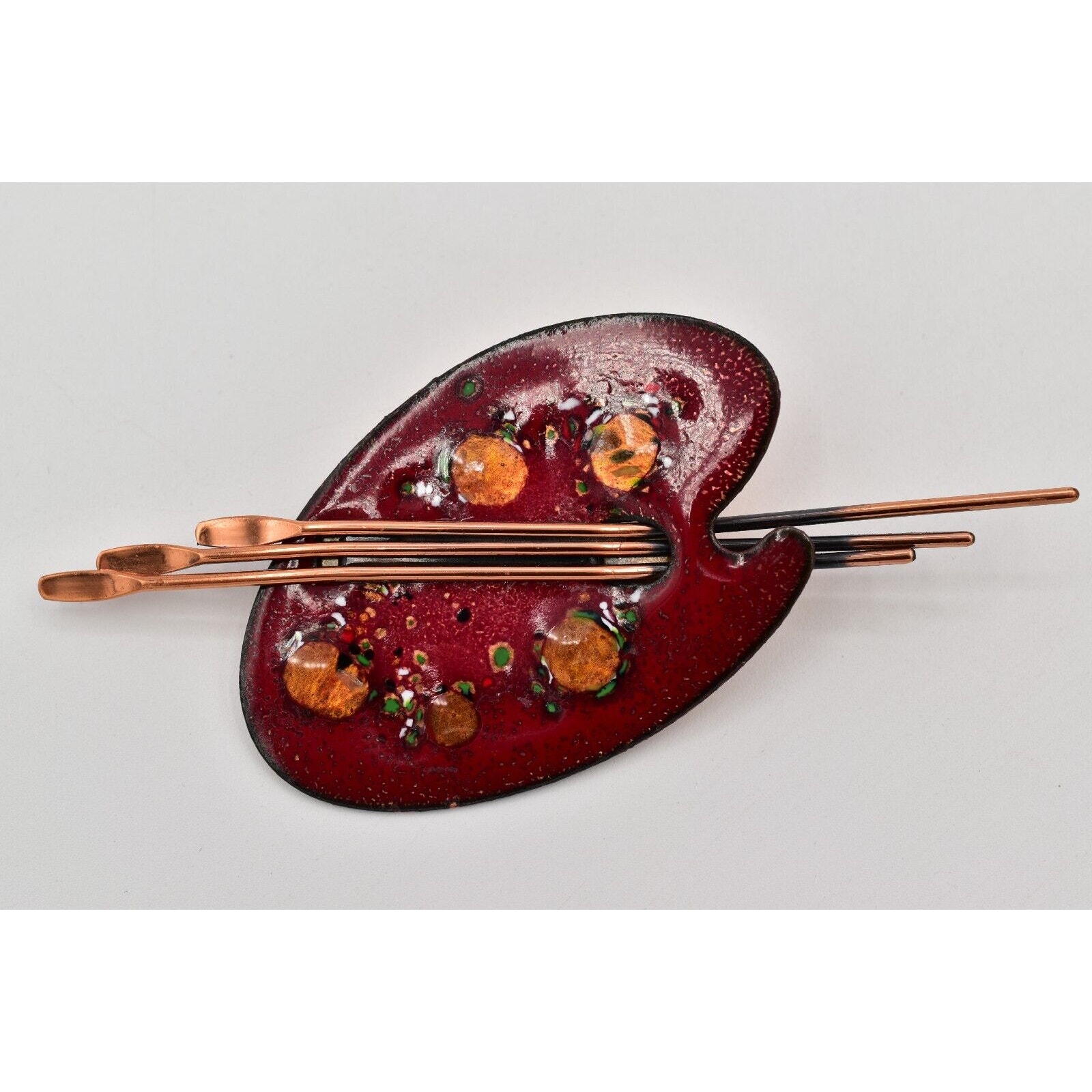 Matisse Renoir Palette Brooch Pin Copper Red Enamel Vintage Signed 1950s Binbg